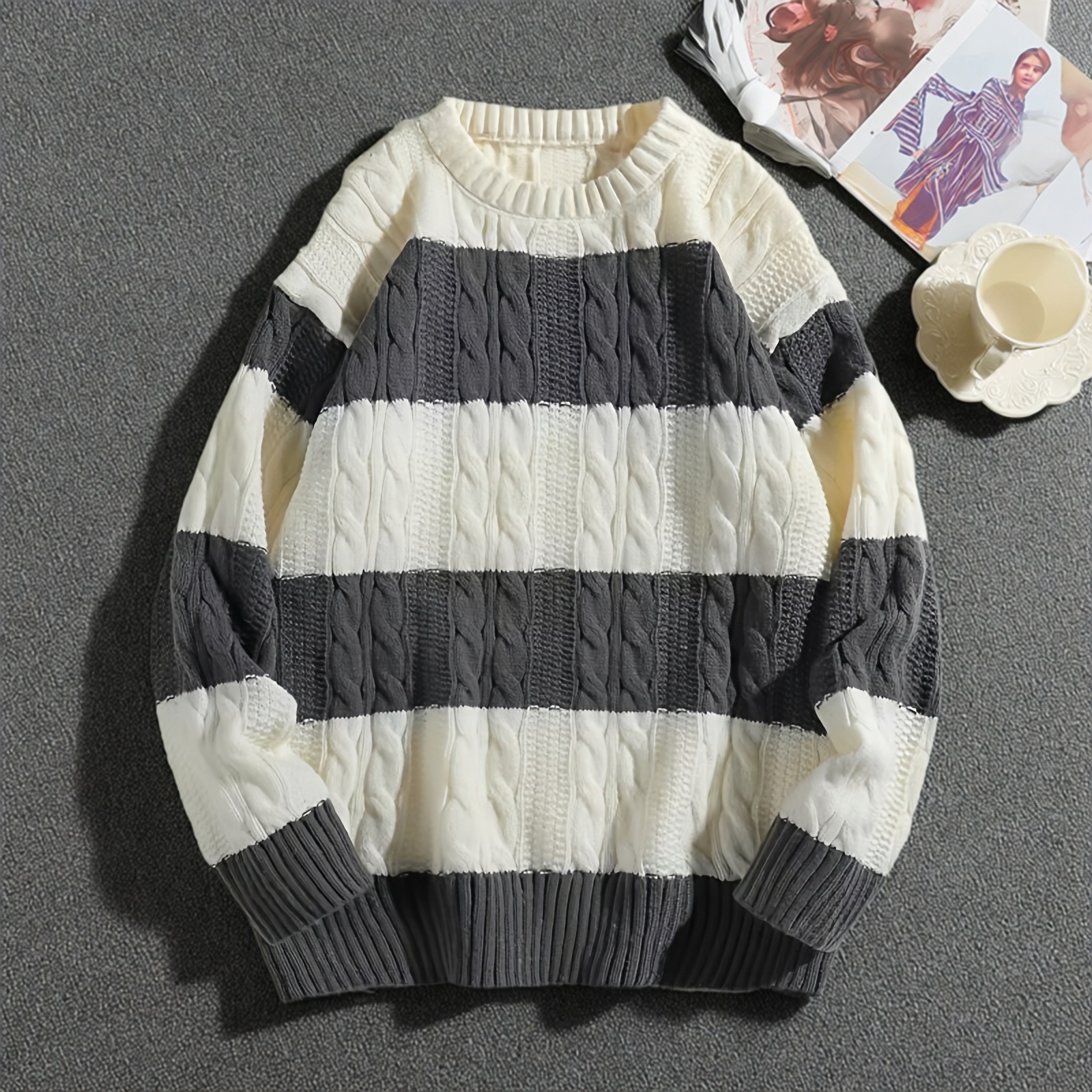 日系圆领慵懒风毛衣男秋冬季加厚条纹撞色宽松麻花针织衫线衣外套