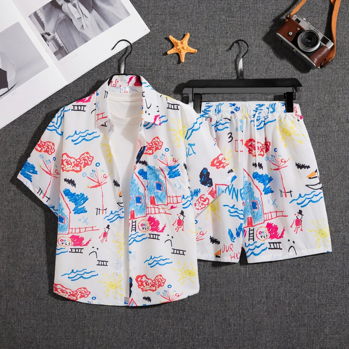 泰式花衬衫短裤情侣套装夏威夷