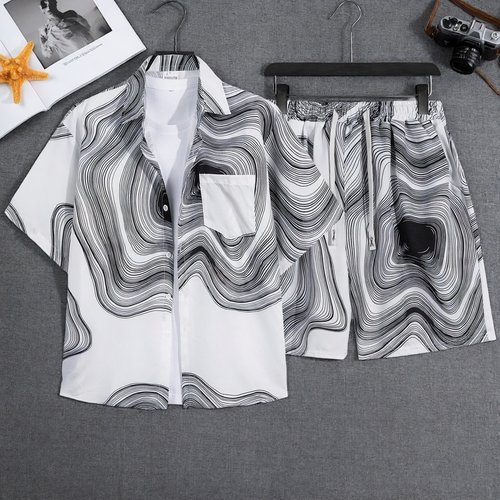 夏威夷冰丝短袖花衬衫短裤套装