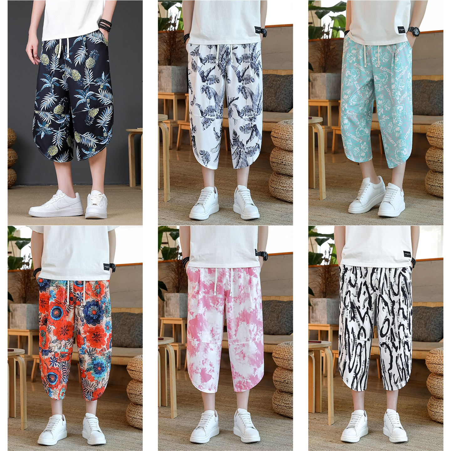 泰国花裤子男夏季薄款七分裤宽松情侣哈伦裤中国风三亚旅行沙滩裤