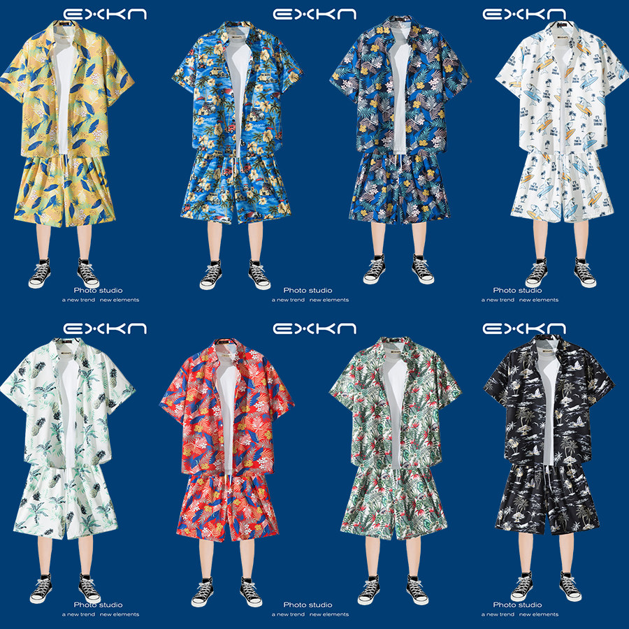 夏季沙滩套装男衬衫日系情侣宽松潮牌休闲运动海边短裤度假两件套,男装,休闲运动套装,淘宝优惠券,粉丝福利购,淘宝优惠卷