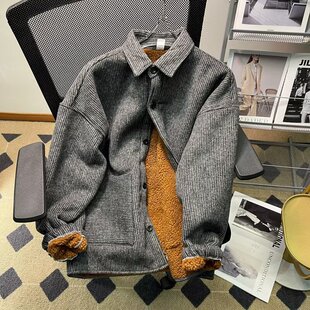 冬季加绒毛呢外套男款日系加厚休闲棉衣港风宽松保暖棉服呢子大衣