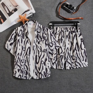 男速干夏季 花色短裤 冰丝短袖 潮流大码 情侣搭配两件套 衬衫 沙滩套装