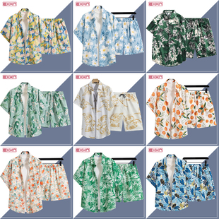 潮套装 旅游度假三亚泰国沙滩花衬衫 宽松大码 两件套男女情侣款 短裤