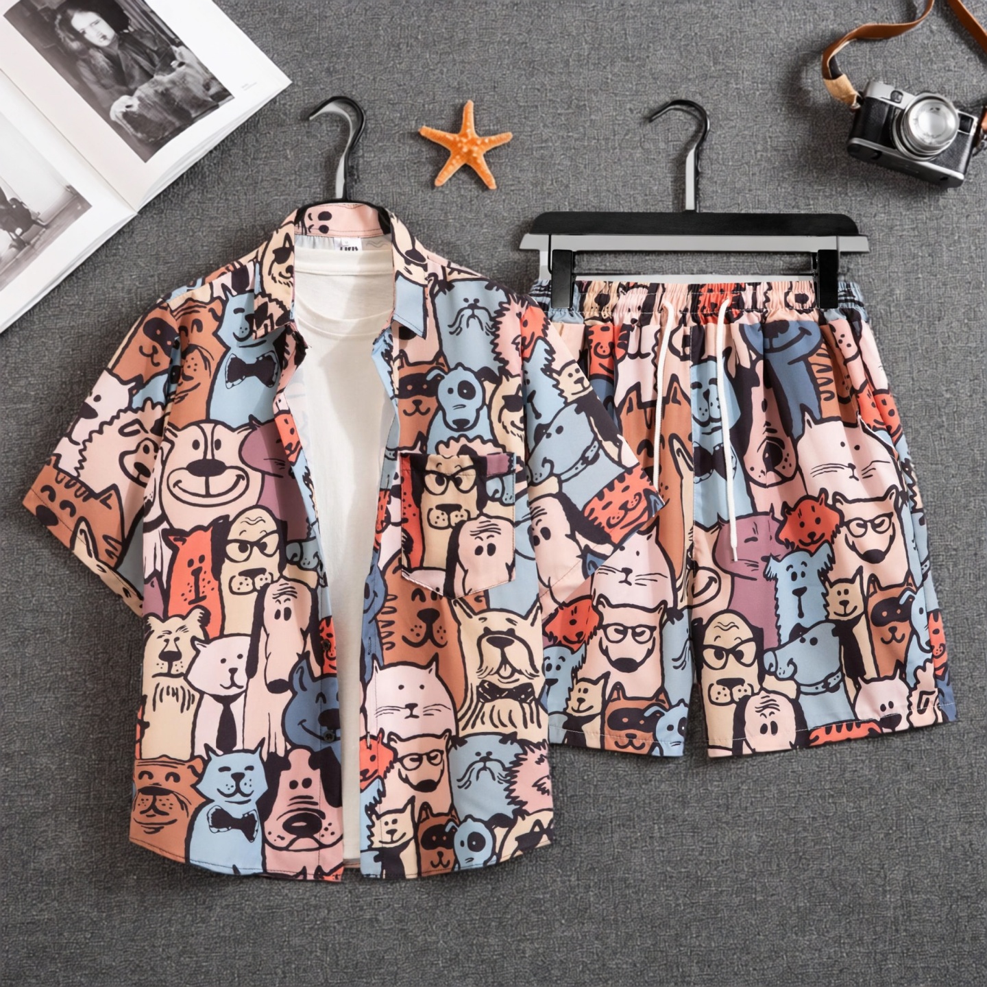 夏季情侣泼水节花衬衫短袖套装