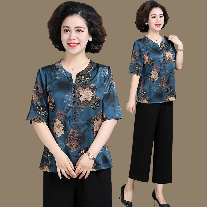 中老年女装夏季洋气短袖t恤衫50岁60奶奶上衣服中年妈妈夏装套装