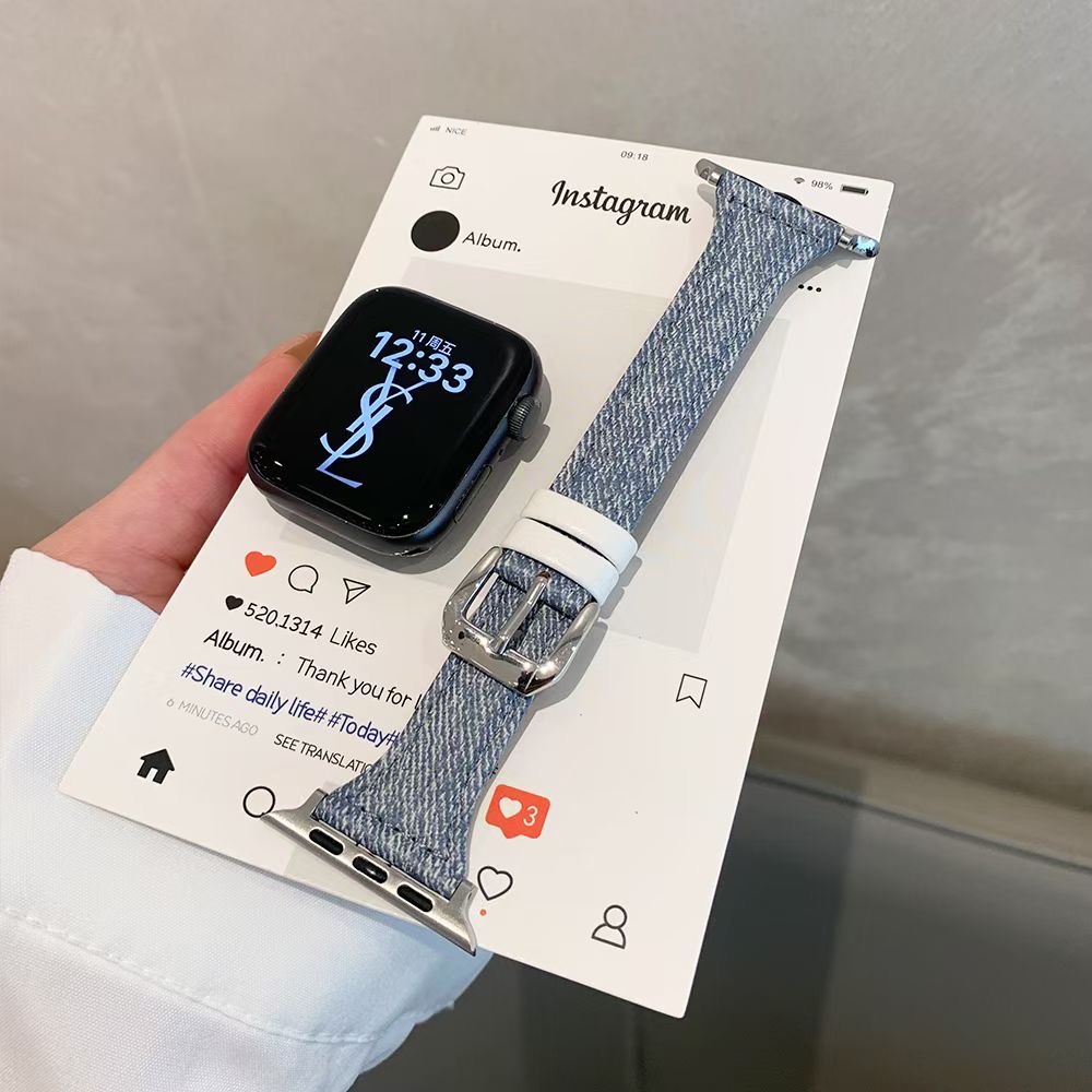 星琳适用于苹果iwatch手表s10 ultra/2/3韩系扎染牛仔纹皮腕带