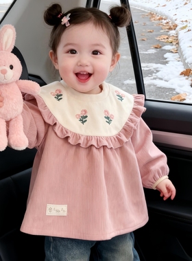 罩衣女宝宝秋冬加厚长袖防脏围裙儿童护衣外穿围兜可爱荷叶边饭衣