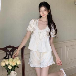 冰丝短袖 套装 睡衣女薄款 两件套家居服 短裤 睡衣新品 法式 宫廷风夏季