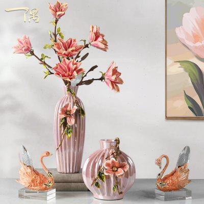 珐琅彩粉色陶瓷花瓶客厅餐桌插花器摆件入户玄关电视柜高档装饰品