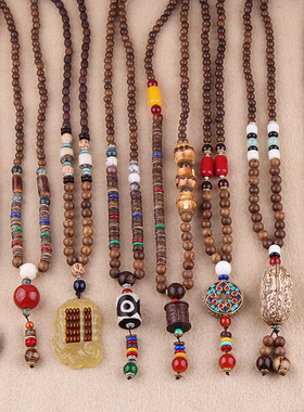 民族风复古长款木质毛衣链菩提吊坠木珠项链男女棉麻挂件配饰