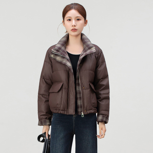 格子拼接羽绒服短款女冬季2025年新款立领加厚保暖皮衣面包服外套