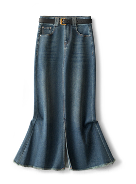 前开叉鱼尾牛仔裙20245新款半身裙女秋季设计感高腰A字包臀长裙子