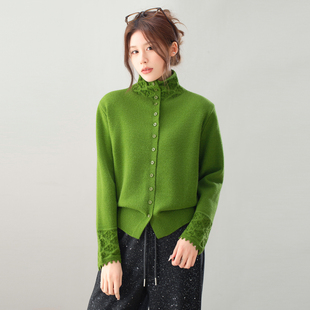 通勤毛衫 2025新款 老钱风外套 女秋冬季 极简风绿色高领纽扣针织开衫