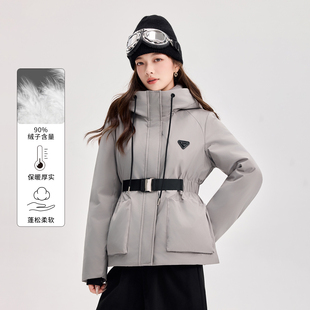 工装风连帽羽绒服短款女冬季2025新款收腰显瘦90%鸭绒派克服外套