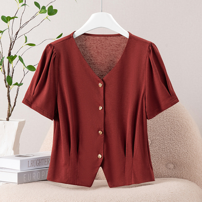 优雅红色不规则微透短袖衬衫女夏季2025新款开衫t恤修身显瘦上衣