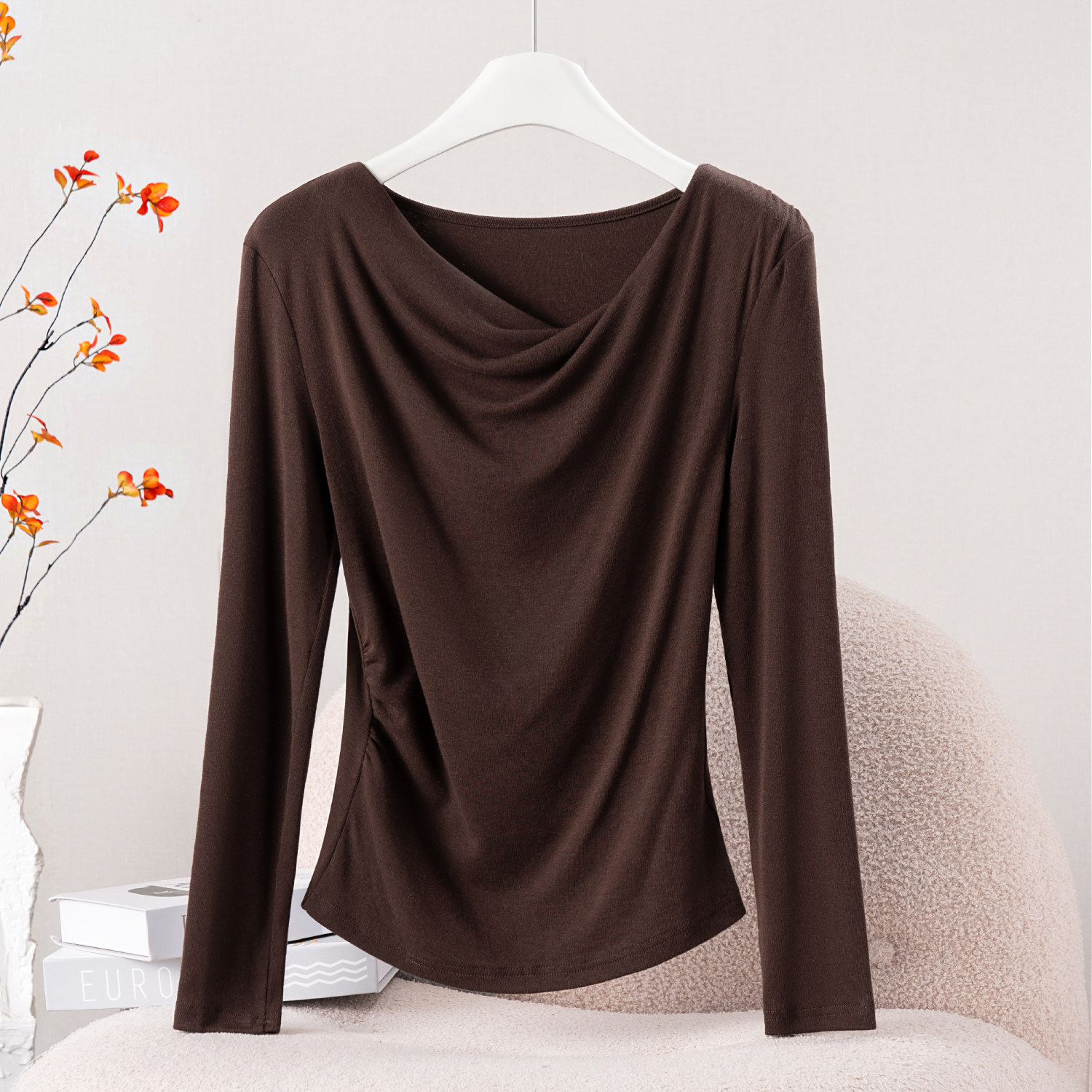 法式气质荡领褶皱长袖t恤女春秋2026年新款修身显瘦打底衫上衣服,女装/女士精品,T恤,淘宝优惠券,粉丝福利购,淘宝优惠卷