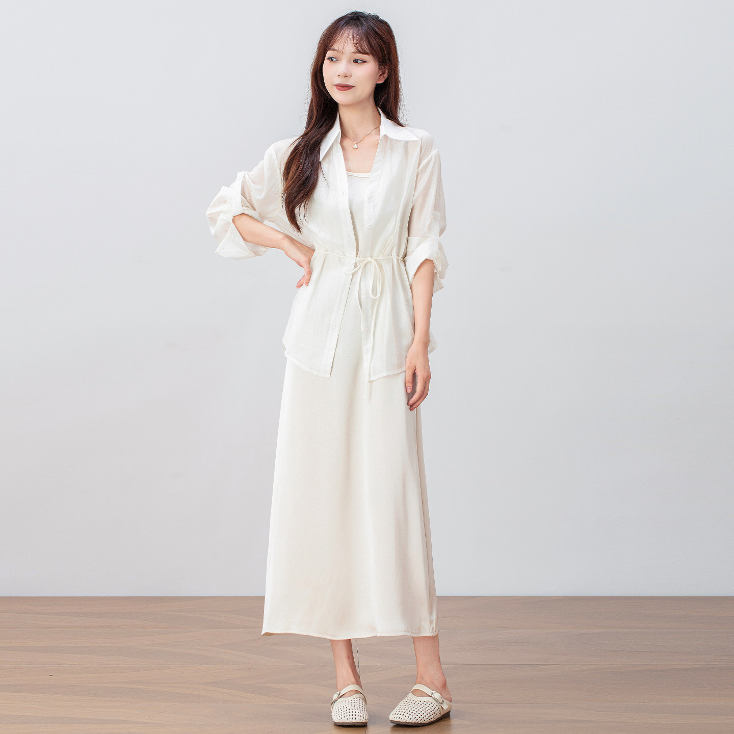 知性优雅罩衫吊带连衣裙女春夏2026年新款珠光感缎面长裙两件套装,女装/女士精品,时尚套装,淘宝优惠券,粉丝福利购,淘宝优惠卷