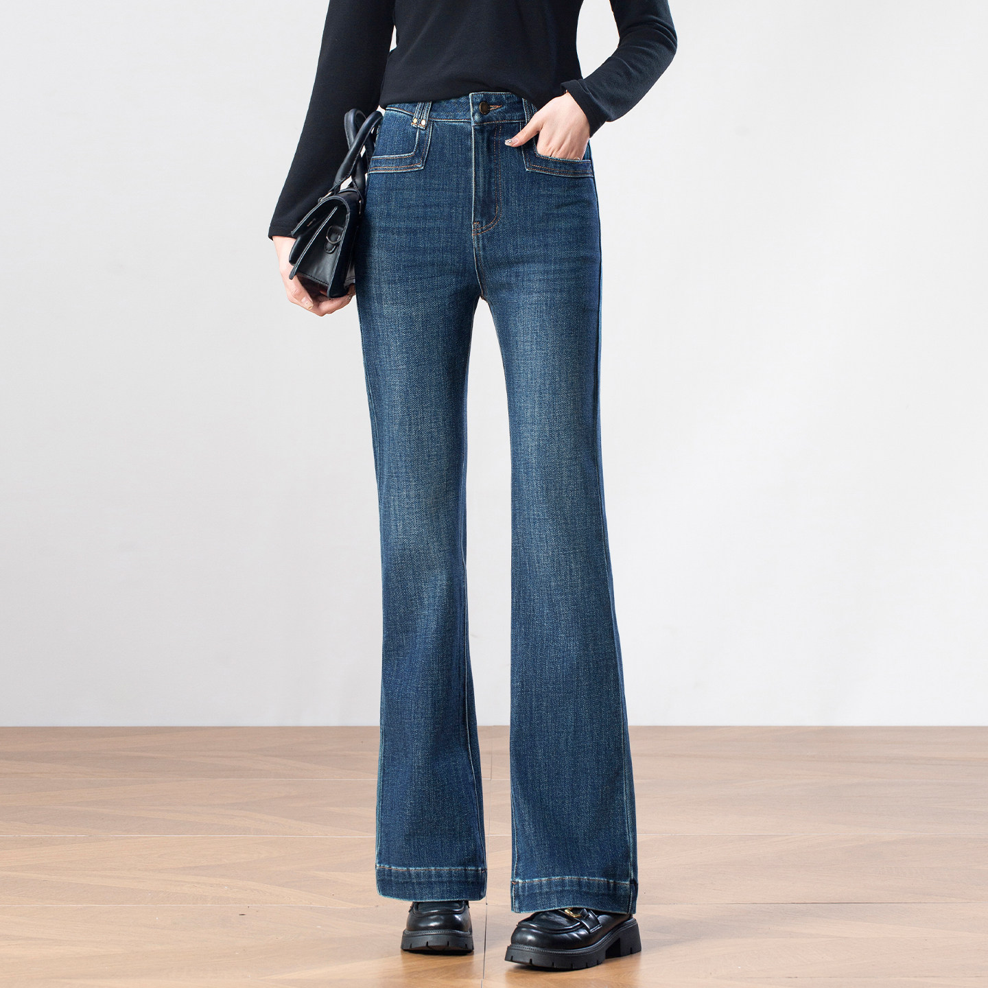 时尚简约高腰显瘦微喇牛仔裤女2026春季新款修身百搭蓝色喇叭长裤,女装/女士精品,牛仔裤,淘宝优惠券,粉丝福利购,淘宝优惠卷