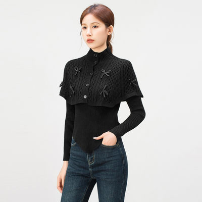 黑色蝴蝶结半高领针织衫女2025冬季新款单排扣斗篷两件套叠穿毛衣