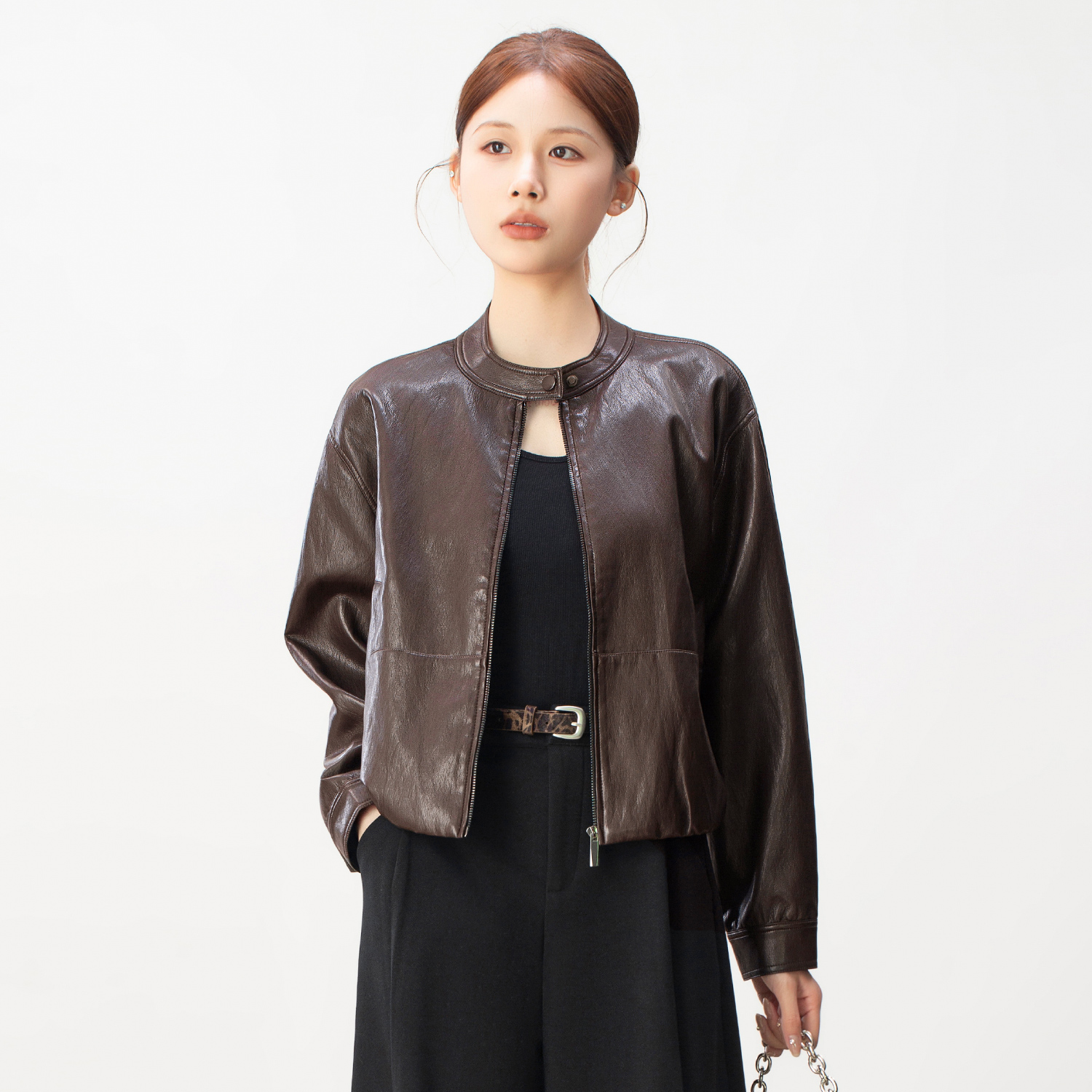 立领皮衣外套女短款秋冬2025新款拉链宽松机车服PU皮棕色夹克上衣