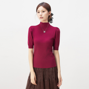 短袖 半高领泡泡袖 气质修身 女秋冬2025新款 T恤纯色打底上衣 针织衫