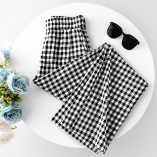 女夏季 阔腿裤 2026新款 修身 窄版 高腰显瘦直筒长裤 显腿长黑白格子裤