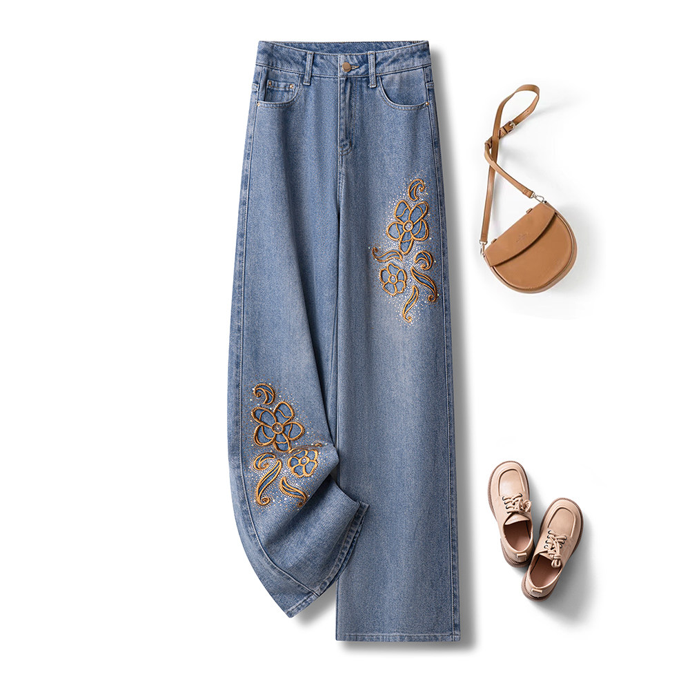 新中式国风刺绣阔腿裤牛仔裤女2026年春季新款烫钻高腰宽松直筒裤,女装/女士精品,牛仔裤,淘宝优惠券,粉丝福利购,淘宝优惠卷