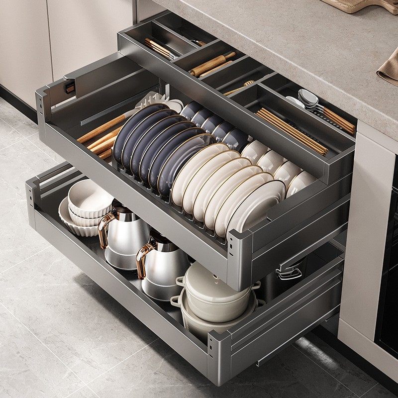 尔沫枪灰厨房拉篮不锈钢橱柜三层抽中抽屉式调味料碗碟架收纳碗篮,厨房/烹饪用具,厨房抽屉置物架,淘宝优惠券,粉丝福利购,淘宝优惠卷