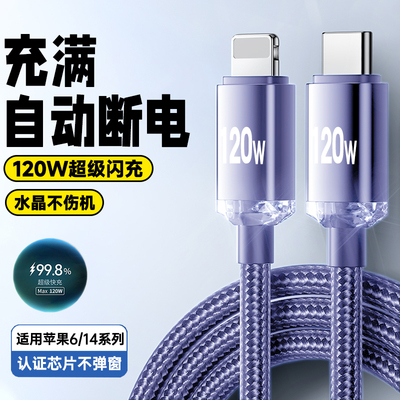 艾胜者pd120W快充编织数据线加长2米适用苹果iPhone13/12/11promax/14/8p车载ipad平板手机充电线6A