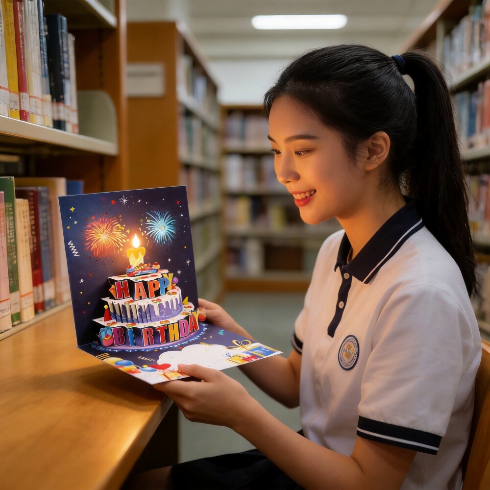ins风生日蛋糕音乐彩色灯光3D立体贺卡高端创意礼花效果有声卡片