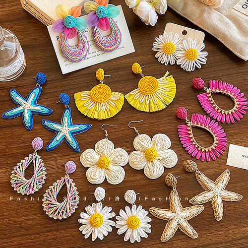 夏季彩色编织度假风耳环女耳钉