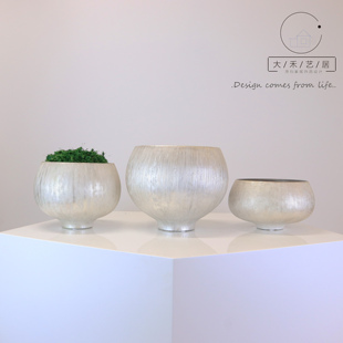 轻奢简约竖线肌理银色高温陶瓷花盆花器苔藓洽谈桌桌面摆件陈列柜