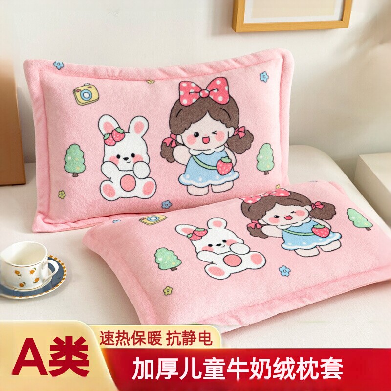卡通儿童枕套牛奶绒30&times;50一对装冬季加厚女孩珊瑚绒枕头套40&times;60