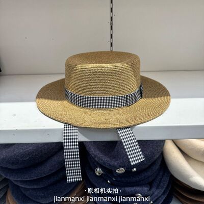 2026新款法式格纹系绳平檐草帽女春夏优雅沙滩平顶太阳帽遮阳防晒