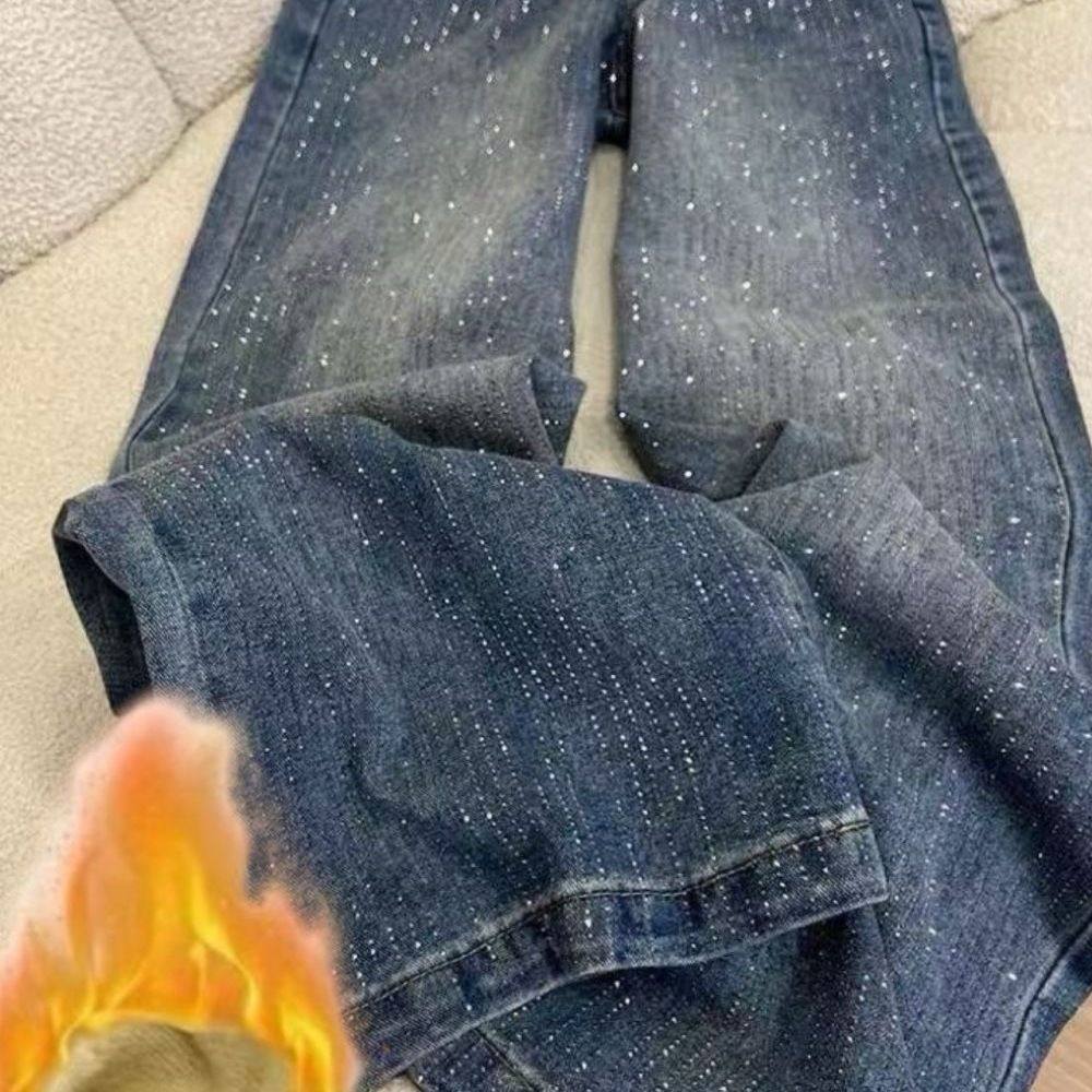 冬季加绒加厚小个子满天星爆闪烫钻牛仔裤女高腰宽松直筒阔腿拖地