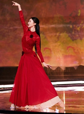 古典舞蹈服金晨卜挂舞蹈服纱衣女练功服网纱红色大摆裙演出服艺考