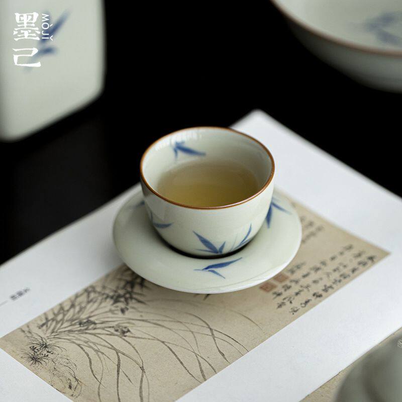 墨己仿古泥手绘竹子茶杯套组功夫茶具喝茶单杯两件套含杯垫家用