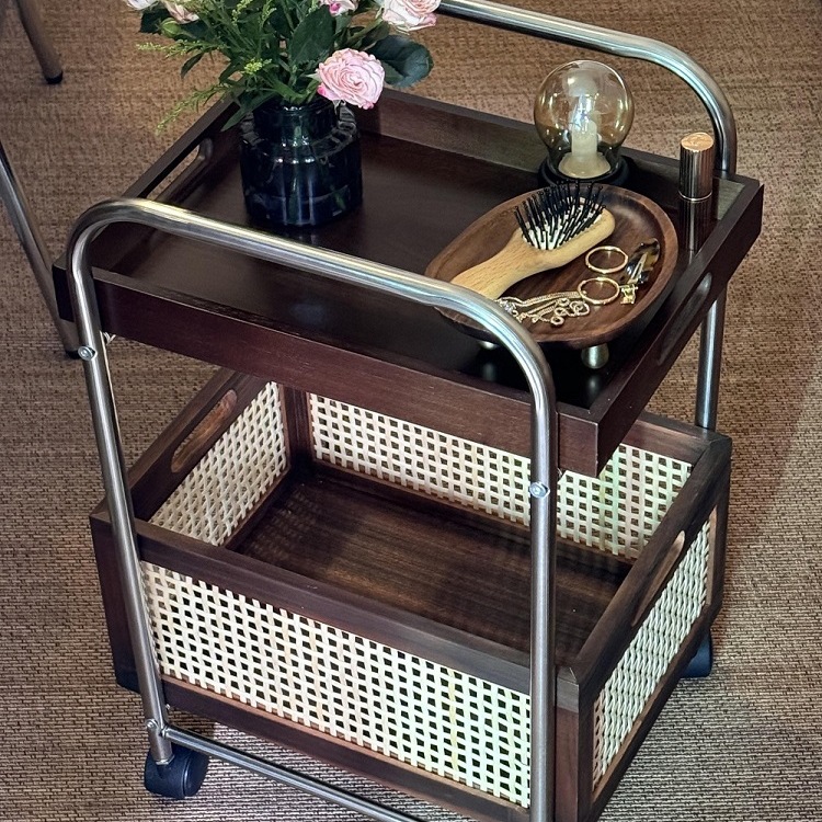 实木可移动边几收纳中古小推车客厅茶几储物置物架藤编复古餐边柜