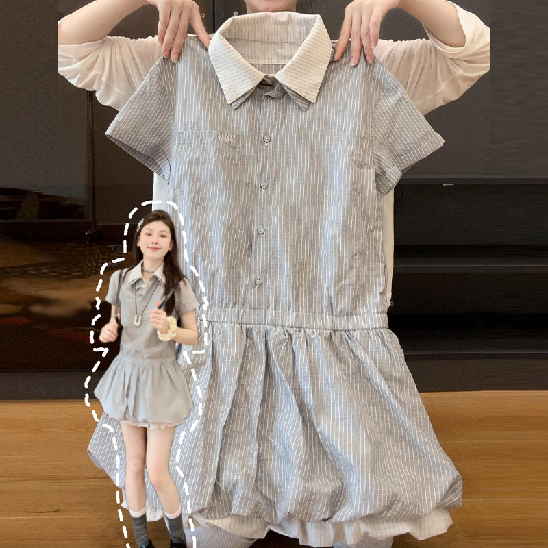 收腰2025灰色短裙polo连衣裙小个子系花苞夏季新款子女假两件miu