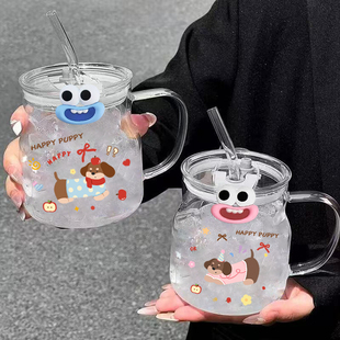 家用大容量吸管杯带盖玻璃杯果汁杯咖啡杯ins高颜值水杯把手杯子
