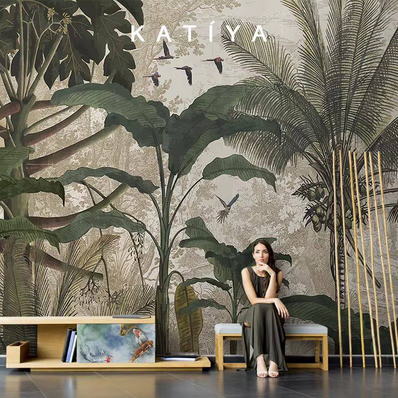 东南亚法式热带雨林芭蕉叶壁纸客厅沙发电视背景墙无缝壁画墙布,家装主材,定制壁画,淘宝优惠券,粉丝福利购,淘宝优惠卷