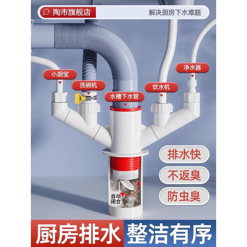 厨房下水管三通排水管防臭多功能前置过滤器洗碗机净水器接头神器