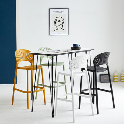 北欧家用靠背吧凳6070吧椅贝壳吧台椅简约餐椅塑料高脚凳现代E18