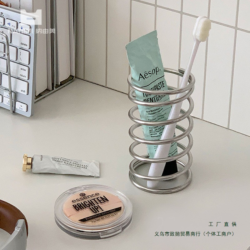不锈钢弹簧牙刷置物架牙膏梳子化妆刷收纳架子螺旋创意笔筒日用品