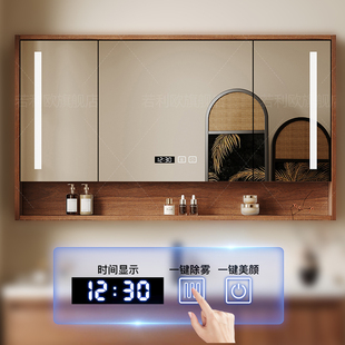 ?胡桃木色中古风浴室镜柜单独带灯卫生间镜子柜挂墙式带灯智能除