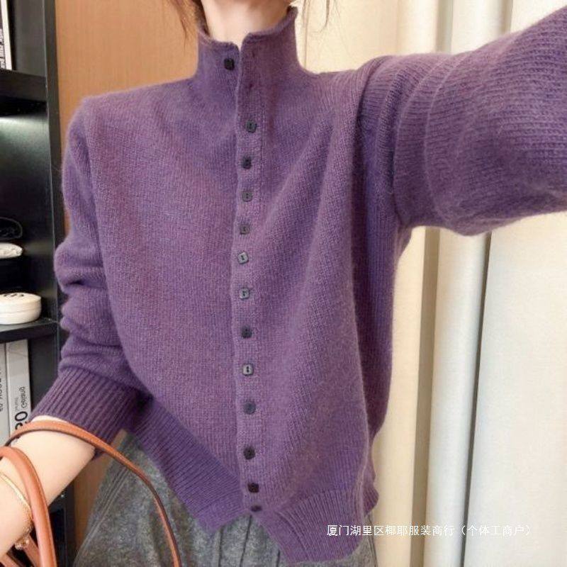 感灰色半高领毛衣开衫女秋冬2025新款超好看内搭针织上衣