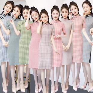 短袖 文艺年轻款 格子复古改良旗袍连衣裙 新款 旗袍夏季
