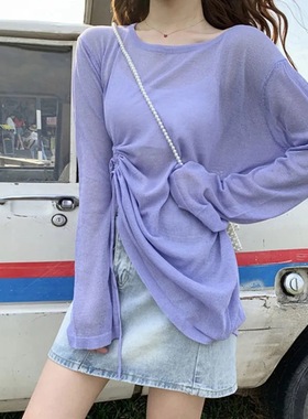 厂家直销薄款女夏季新款沙滩长袖防晒衣宽松罩衫抽绳上衣空调衫