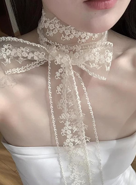 法式复古长条丝巾女系脖高级感领巾2025新款春夏白色蕾丝飘带